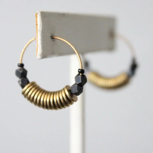 Brass Discs and Hematite Hoop Earrings image 1